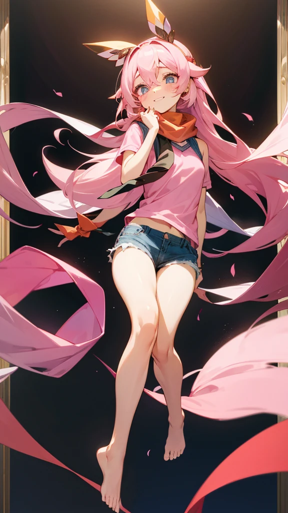 Expressive eyes,1 girl,Long hair, (masterpiece), best quality, Expressive eyes, Smile,whole body , blush, firefly, (Bare legs),Pink shirt,shorts,scarf, Hair accessories
