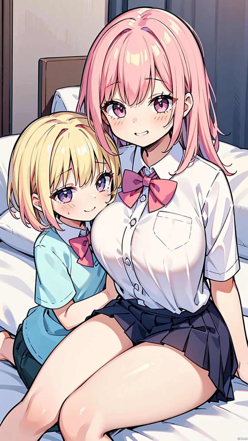 masterpiece, Highest quality, so beautiful, Absurd,High resolution,One girl, ((((One boy)))),Cuddling in bed, like,sexy,Look at each one, blush,Age difference,bow tie,Blonde,chest,Long Hair,Pink Hair,pleated skirt,Tucked in shirt,short hair,skirt,smile,Tent shirt