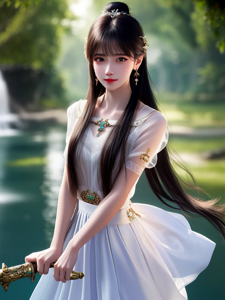 best quality,masterpiece,high resolution,CG,
1 Girl,arms,sword,Long hair,skirt,water,Solitary,Jewelry,white skirt,earrings,Hair accessories,splash,Upper Body,Hair Bun,Black Hair,
light,frank,photo,high resolution,4K,8K,Bokeh,