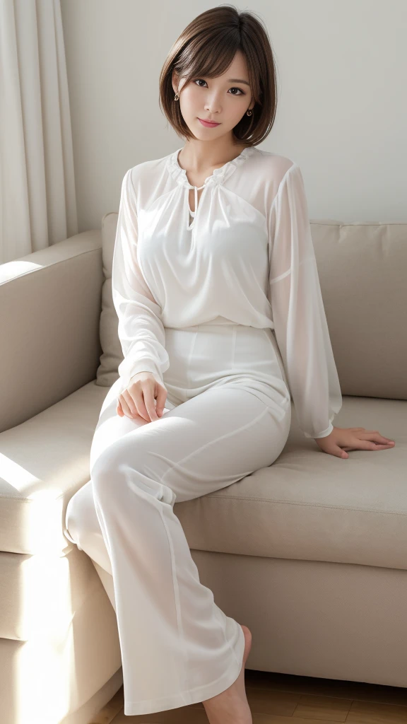 ((masterpiece,Highest quality)), (Like the picture:1.4),((Tabletop,8K)),High resolution,Studio Soft Light, Rim Light, Vivid details, Realistic skin texture,Japanese, One beautiful woman, short hair, Wavy Hair, Faint, thin bangs, compensate, 38 years old, Detailed skin, Long sleeve tunic blouse, Wide leg pants, Are standing, White Background, White Room,White wall, Full body photo, View your viewers、Sitting on the sofa、drink alcohol