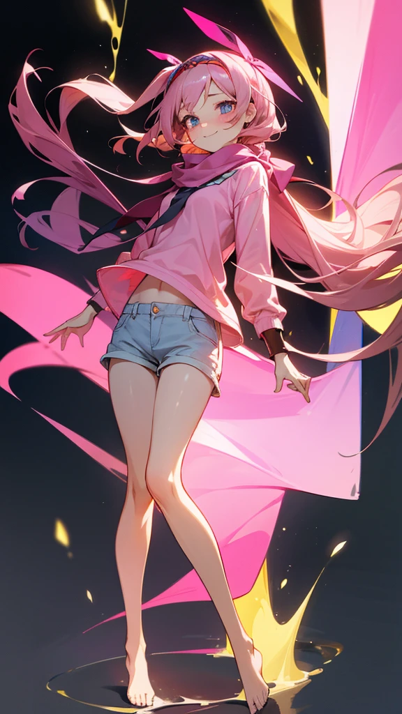 Expressive eyes,1 girl,Long hair, (masterpiece), best quality, Expressive eyes, Smile,whole body , blush, firefly, (Bare legs),Pink shirt,shorts,scarf, Hair accessories