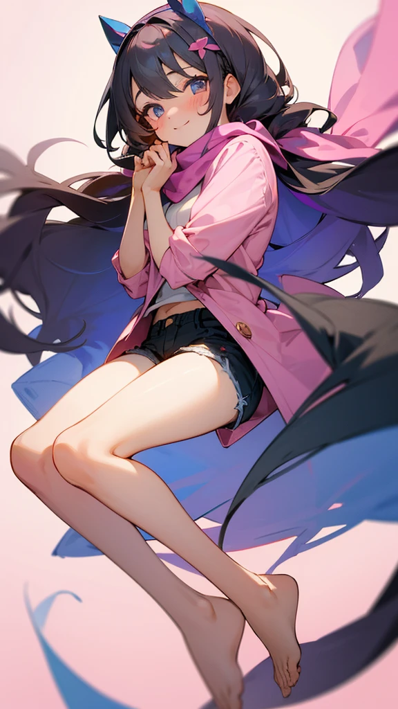 Expressive eyes,1 girl,Long hair, (masterpiece), best quality, Expressive eyes, Smile,whole body , blush, firefly, (Bare legs),Pink shirt,shorts,scarf, Hair accessories