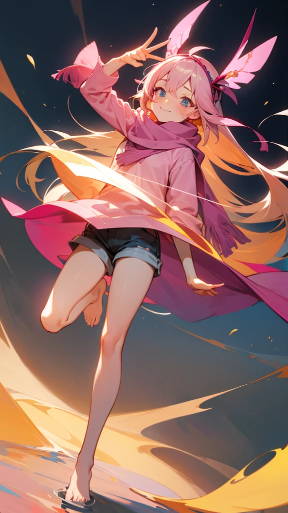 Expressive eyes,1 girl,Long hair, (masterpiece), best quality, Expressive eyes, Smile,whole body , blush, firefly, (Bare legs),Pink shirt,shorts,scarf, Hair accessories