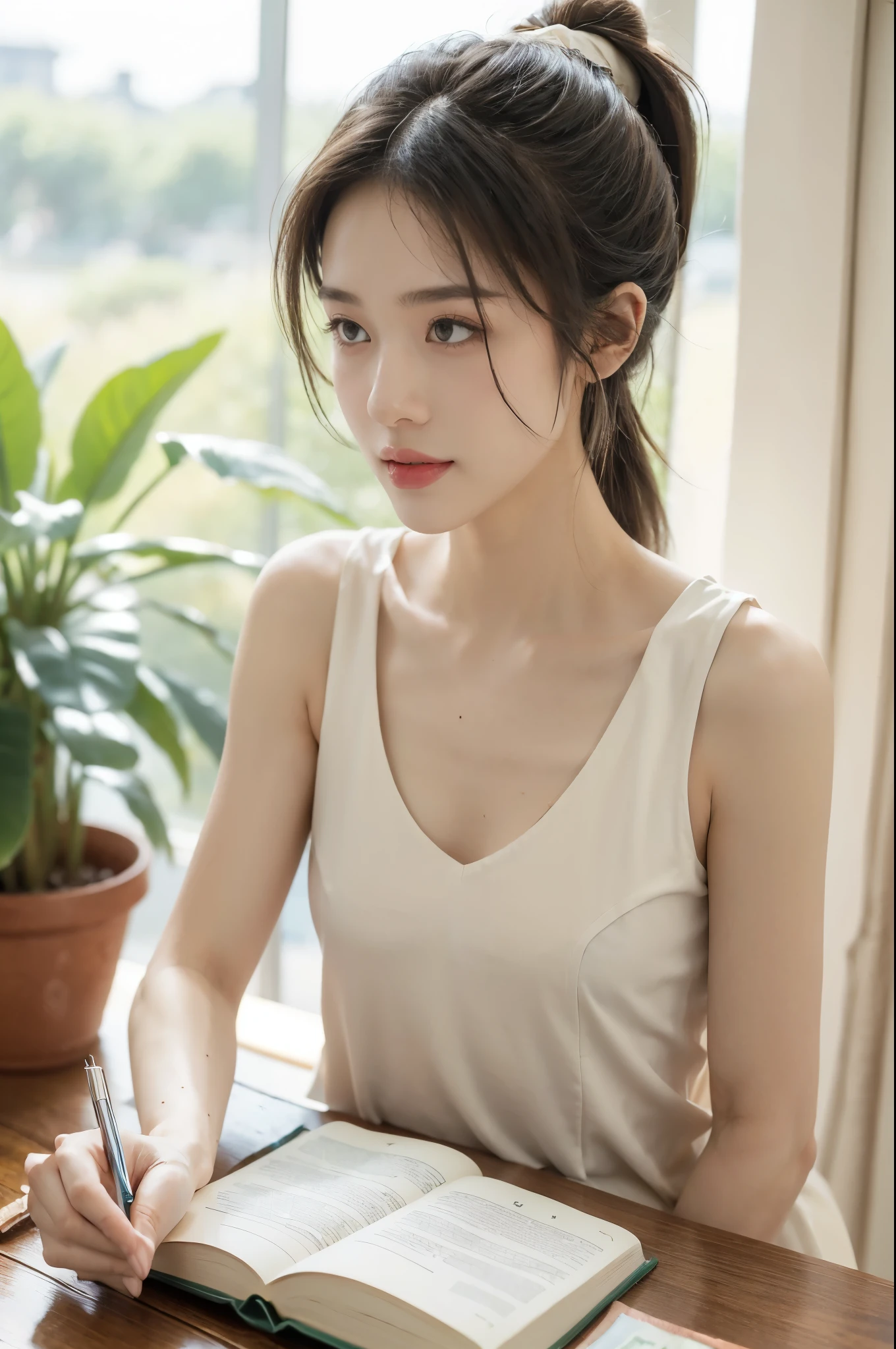 (((best quality))),(((ultra detailed))),(((masterpiece))),illustration,((1 beautiful girl, college student,solo)),((slim,thin,small breasts,flat chest)),(short ponytail:1.2),(sleeveless shirt:1.2), studying, books, dormitory, summer afternoon, sky, gloomy shadow, bed, wooden desk, bookshelf, soft warm light, lamp, gentle glow, almond-shaped eyes, textbooks, daydreaming, beach, cities, vacation, smile, pen, highlighting, notebook, dates, stretching legs, cushion, portable fan, soothing breeze, summer heat, herbal tea, thirst, potted plants, greenery, vibrant leaves, cozy atmosphere, determined expression, excel exams, summer break, intelligence, determination, achieve goals,((from front,upper body))
