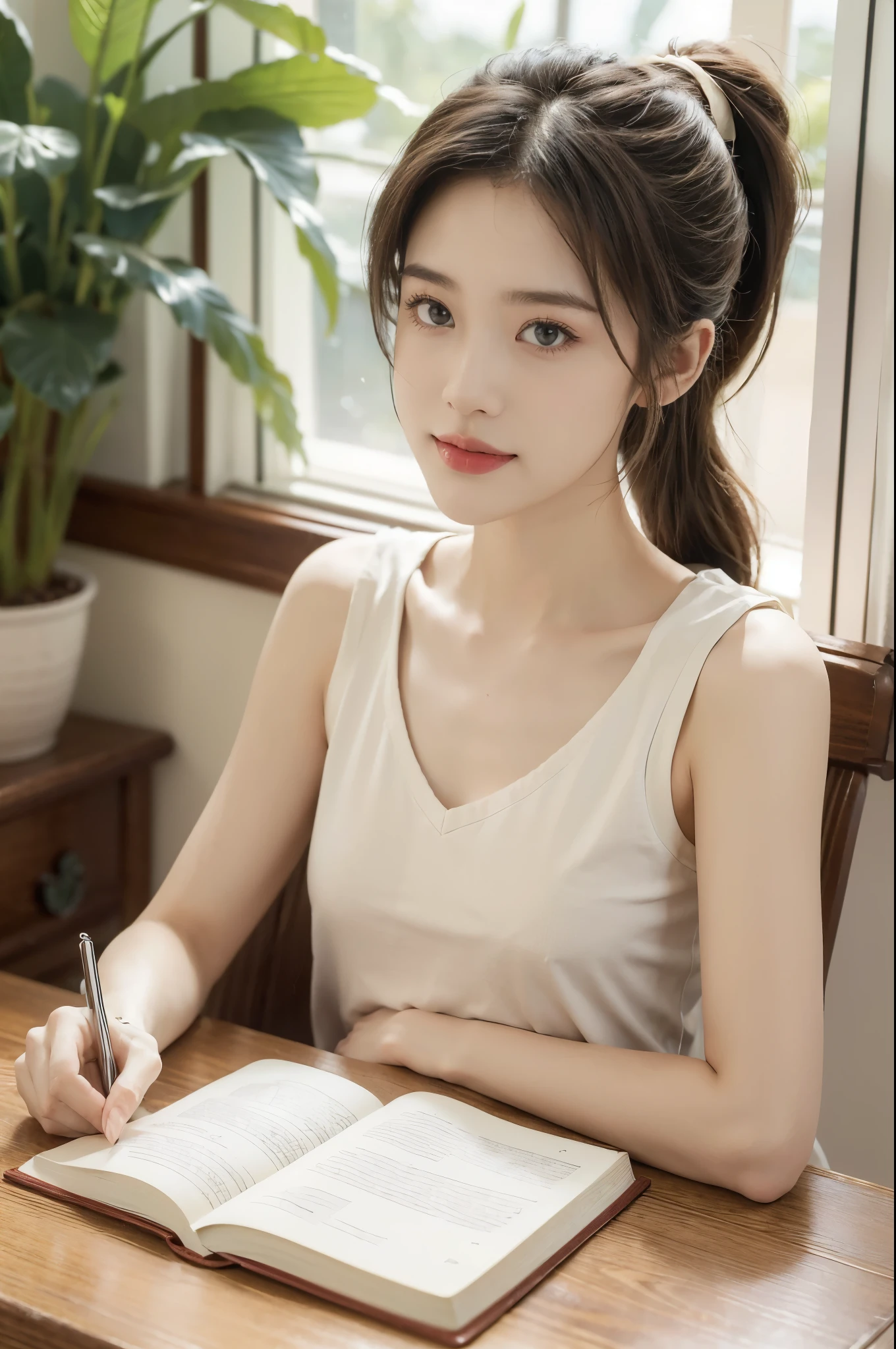 (((best quality))),(((ultra detailed))),(((masterpiece))),illustration,((1 beautiful girl, college student,solo)),((slim,thin,small breasts,flat chest)),(short ponytail:1.2),(sleeveless shirt:1.2), studying, books, dormitory, summer afternoon, sky, gloomy shadow, bed, wooden desk, bookshelf, soft warm light, lamp, gentle glow, almond-shaped eyes, textbooks, daydreaming, beach, cities, vacation, smile, pen, highlighting, notebook, dates, stretching legs, cushion, portable fan, soothing breeze, summer heat, herbal tea, thirst, potted plants, greenery, vibrant leaves, cozy atmosphere, determined expression, excel exams, summer break, intelligence, determination, achieve goals,((from front,upper body))