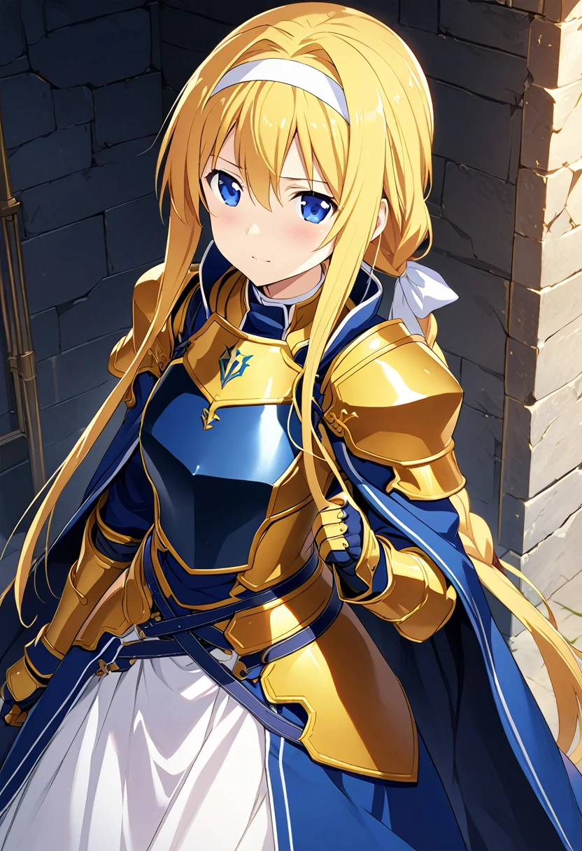 Highest quality、Very detailed、High resolution illustrations、Ultra-high-definition CG、８k size wallpaper、Production art、Light Novel Illustration、alice zuberg, bangs, blue eyes, blonde hair, hair between eyes, very long hair, braid, hairband, white hairband, dress, cape, armor, blue dress, shoulder armor, gauntlets, pauldrons, breastplate, armored dress, faulds, blue cape, knight, gold armor, body armor,