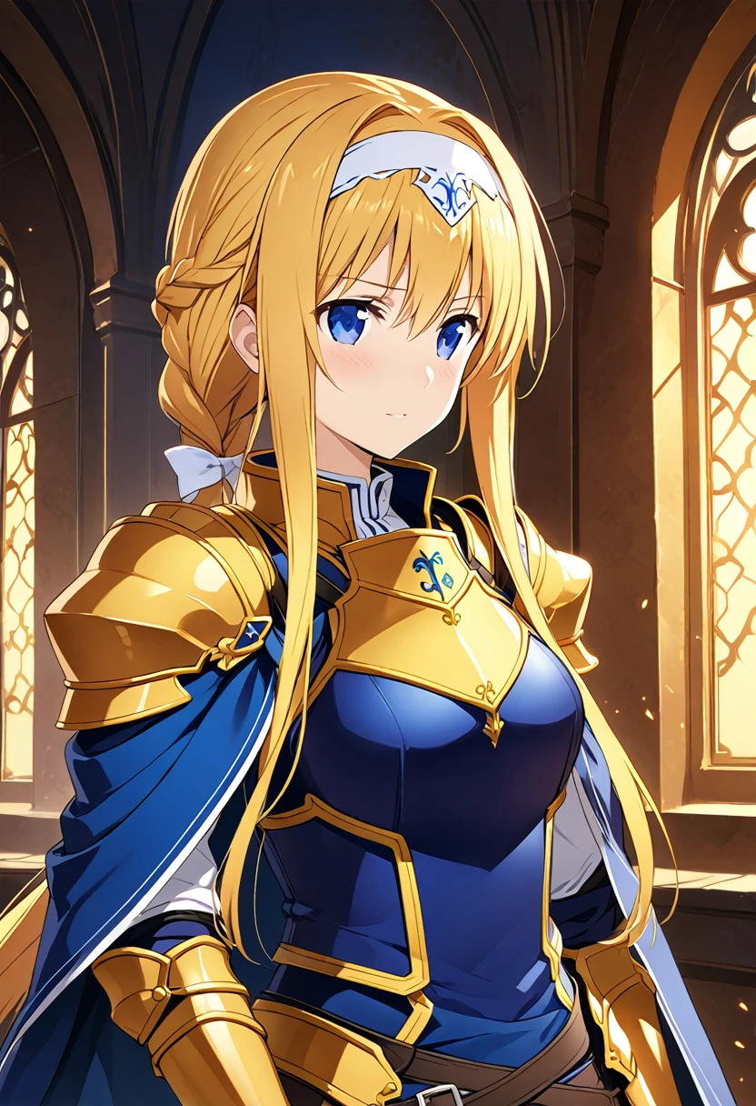 Highest quality、Very detailed、High resolution illustrations、Ultra-high-definition CG、８k size wallpaper、Production art、Light Novel Illustration、alice zuberg, bangs, blue eyes, blonde hair, hair between eyes, very long hair, braid, hairband, white hairband, dress, cape, armor, blue dress, shoulder armor, gauntlets, pauldrons, breastplate, armored dress, faulds, blue cape, knight, gold armor, body armor,