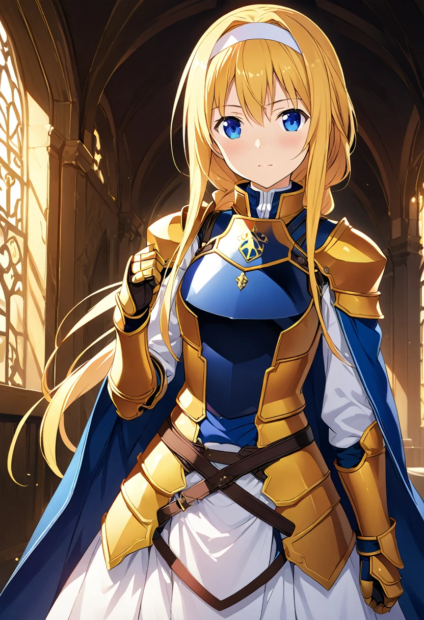 Highest quality、Very detailed、High resolution illustrations、Ultra-high-definition CG、８k size wallpaper、Production art、Light Novel Illustration、alice zuberg, bangs, blue eyes, blonde hair, hair between eyes, very long hair, braid, hairband, white hairband, dress, cape, armor, blue dress, shoulder armor, gauntlets, pauldrons, breastplate, armored dress, faulds, blue cape, knight, gold armor, body armor,