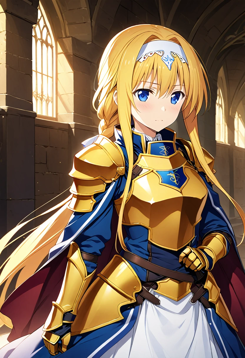 Highest quality、Very detailed、High resolution illustrations、Ultra-high-definition CG、８k size wallpaper、Production art、Light Novel Illustration、alice zuberg, bangs, blue eyes, blonde hair, hair between eyes, very long hair, braid, hairband, white hairband, dress, cape, armor, blue dress, shoulder armor, gauntlets, pauldrons, breastplate, armored dress, faulds, blue cape, knight, gold armor, body armor,