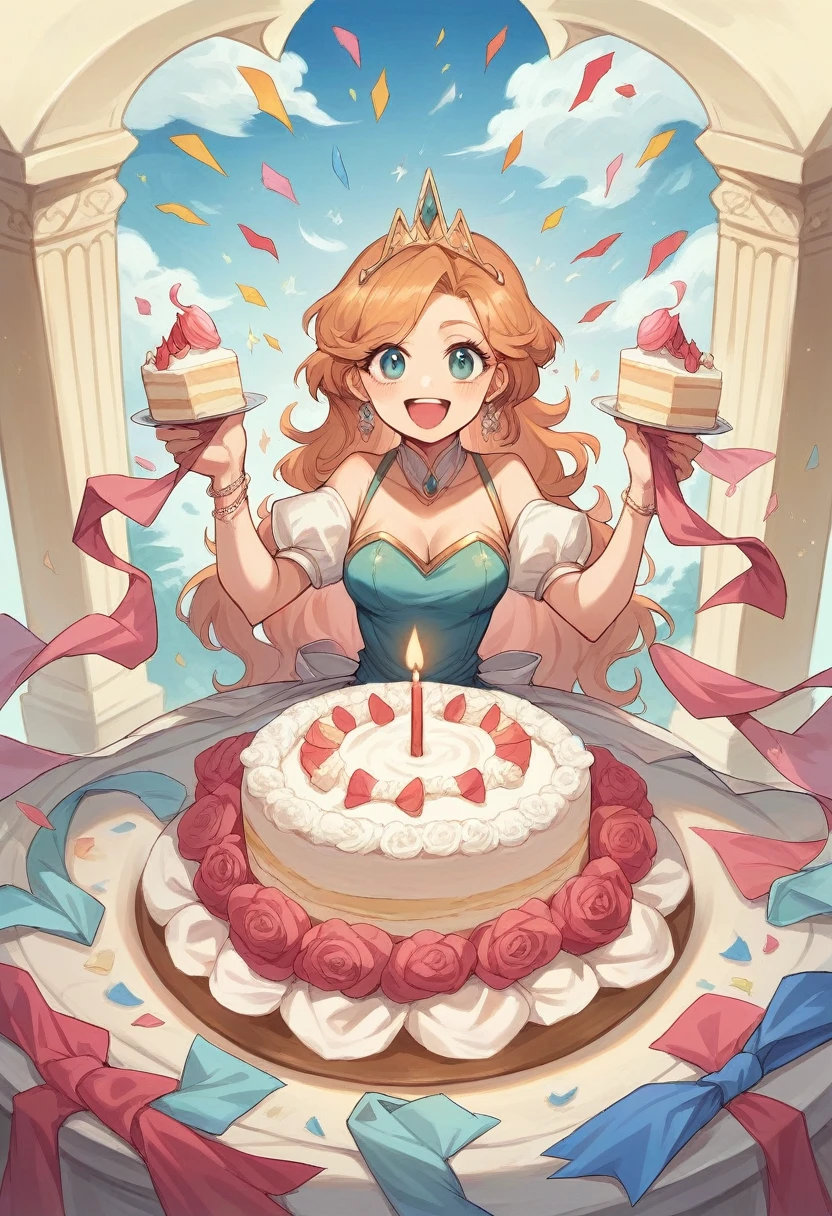 create a magical moment of an Araffe woman holding pastels with a birthday cake with candles numbered "30". Above the pastel, the birthday cake has the words "Happy Birthday Diana Marsella" written in detail. holding birthday pastels. she is dressed like a princess, with a palace background and luxurious seating