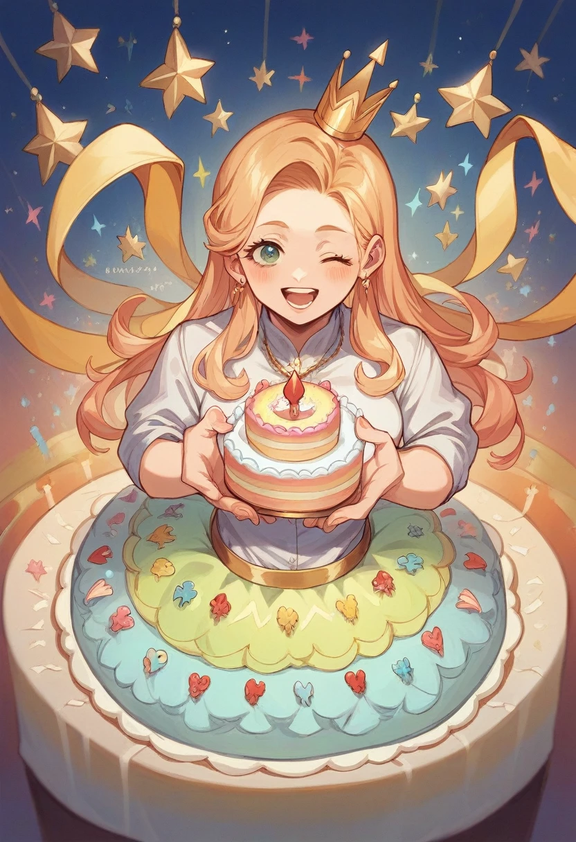 create a magical moment of an Araffe woman holding pastels with a birthday cake with candles numbered "30". Above the pastel, the birthday cake has the words "Happy Birthday Diana Marsella" written in detail. holding birthday pastels. she is dressed like a princess, with a palace background and luxurious seating