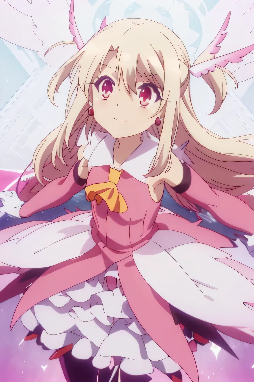 Illyasviel von Neinzbern, Illyasviel von Einzbern, Blonde, Hair between the eyes, Long Hair, (Red eyes:1.5),(child:1.7), {{{masterpiece}}}, {{{Highest quality}}}, {{Super detailed}}, {figure}, {{Very delicate and beautiful}}, 8K, Browsing Caution, Illyasviel von Einzbern(destiny/カレイドライナーPrisma Illya), Illyasviel von Neinzbern, Illyasviel von Einzbern, Long Hair, Blonde, (Red eyes:1.3), (Parted bangs:1.5), smile, Breaking hair ornament, gloves, dress, jewelry, Earrings, Removable sleeves, Ascot, Magical girl, feather, pink dress, Feather hair ornament, プリズマ☆イリヤ,White background