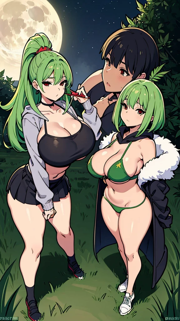 Croped, cleavage, slim waist, cropped hoodie underboob, cropped hoodieunderboobhoodie, 1 girl, 2 wolf ears, wolf tail, marijuana crop hoodie, crop shorts, marijuana hoodie, spiky hair, spiky fur, green hair, red eyes,marijuana field, tight clothes, perfect eyes, perfect hands, clear resolution, full body, cleavage skin, marijuana plants, open hoodie, marijuana field, black thigh high socks, full body, earrings, 1girl, skirt, cleavage, slim waist, cleavage, slim waist, hair pulled back, big breast, round butt, slim waist, best quality, thick thighs, D-cup breast, 4k quality, night time, full moon