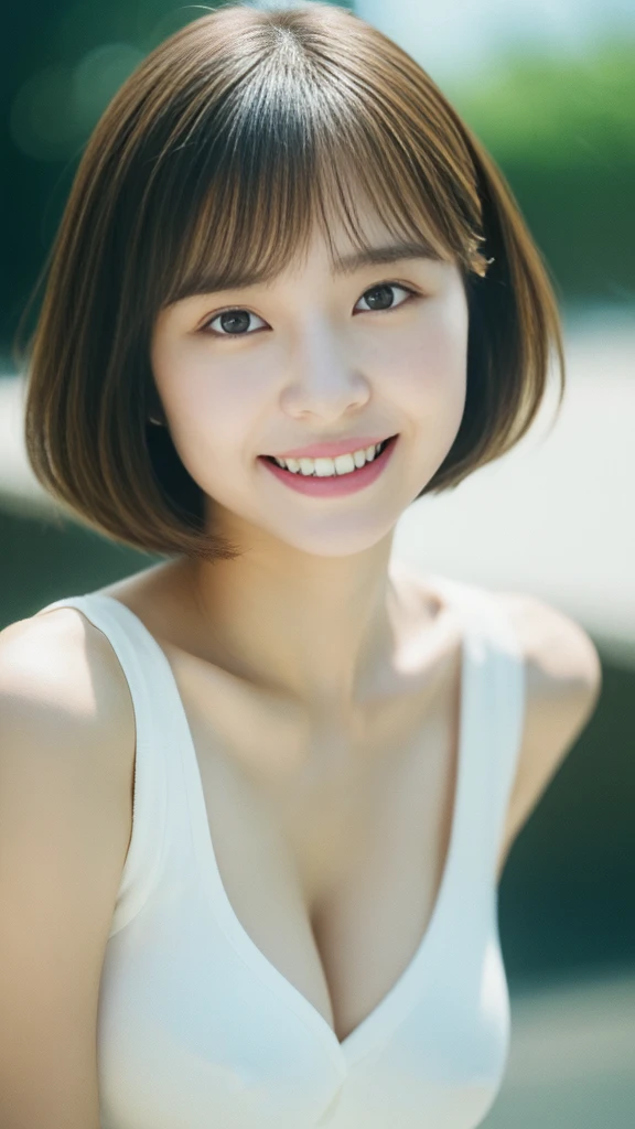 (Highest quality, masterpiece, 超High resolution, High resolution, Very detailed, High resolutionの顔, Clear photos, High resolution:1.5), (28-year-old female:1.3), (Close-up photo of the face, The eyes focus visually:1.3), One beautiful woman, (Japanese mixed race beauty:1.5), (Beautiful Eyes, Light in your eyes), Facial features are well defined, White skin, Shiny, とてもWhite skin, Shiny肌, (Film Photography Style:1.3), Hair swaying violently, Very smiling, Cute face, Short Bob Hair, 8 Life-size, Huge breasts