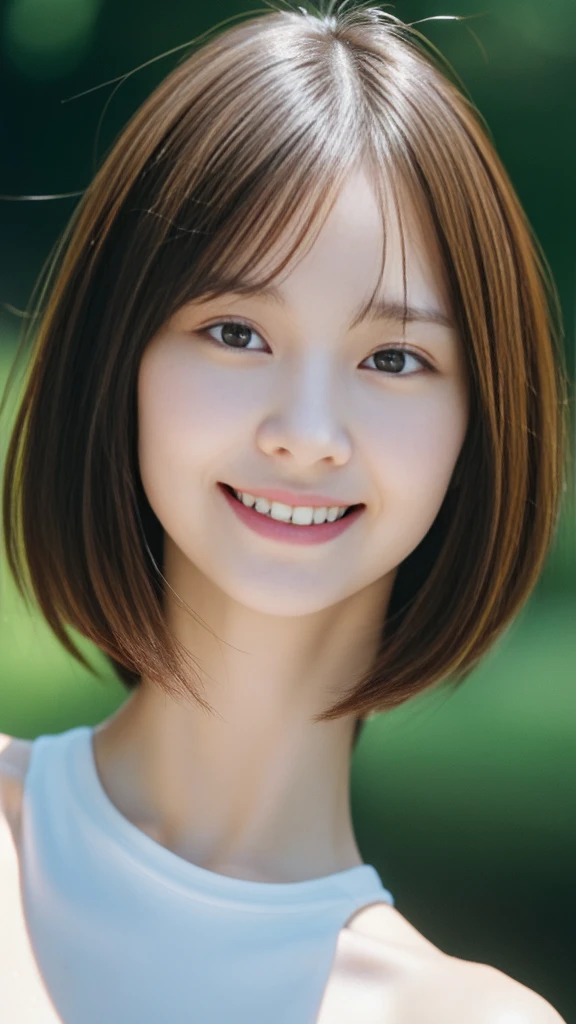 (Highest quality, masterpiece, 超High resolution, High resolution, Very detailed, High resolutionの顔, Clear photos, High resolution:1.5), (28-year-old female:1.3), (Close-up photo of the face, The eyes focus visually:1.3), One beautiful woman, (Japanese mixed race beauty:1.5), (Beautiful Eyes, Light in your eyes), Facial features are well defined, White skin, Shiny, とてもWhite skin, Shiny肌, (Film Photography Style:1.3), Hair swaying violently, Very smiling, Cute face, Short Bob Hair, 8 Life-size, Huge breasts