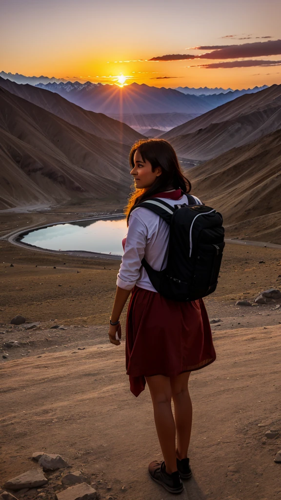 A traveler with his gf enjoying view of ladakh ,big bagpack, beautiful sunset,amazed,backside view