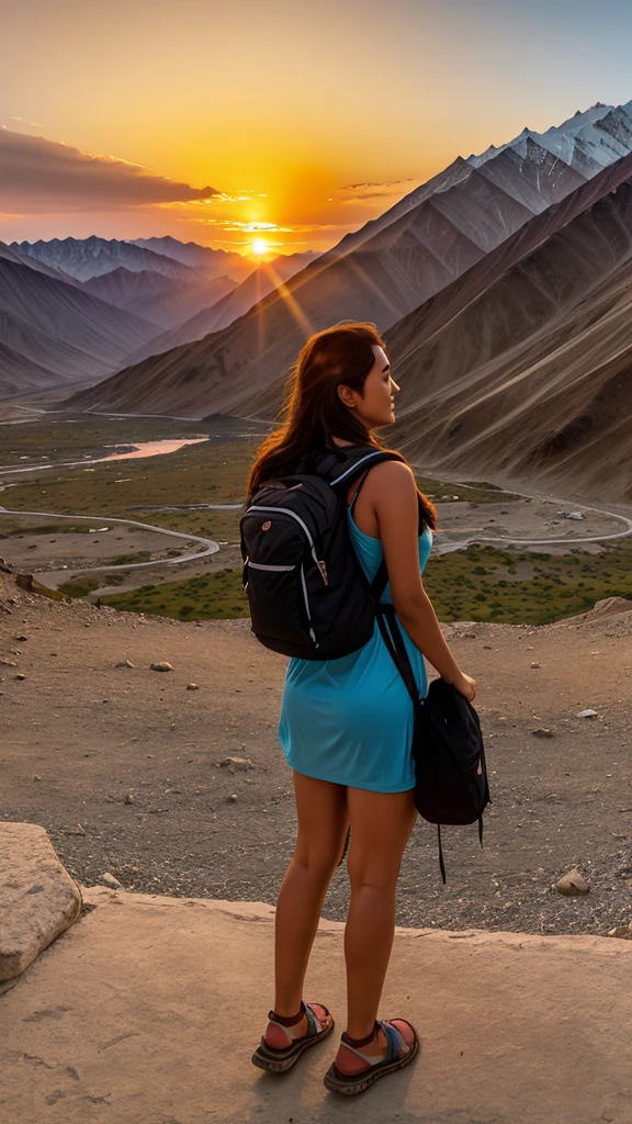 A traveler with his gf enjoying view of ladakh ,big bagpack, beautiful sunset,amazed,backside view
