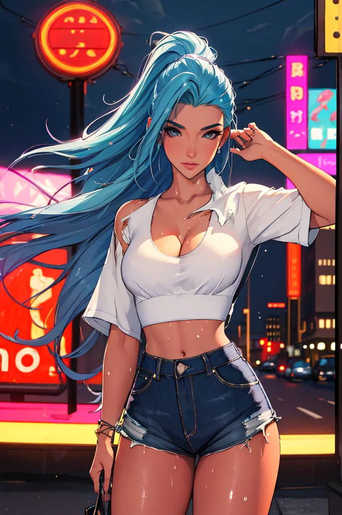 (best quality: 1.2), clean face, (masterpiece: 1.2, 8k)(PureErosFace_V1: 0.7), perfect anatomy, 1girl,a beautiful fashion model ,(masterpiece, official art, best quality) (wet skin, shiny skin) ,long and shiny hair, blue hair with streaks in hair, long hair, full lips, upturned nose , big breasts, looking at viewer, revealing outfit, absurdity, intricate details, city, dynamic pose, night, neon signs, cinematic lighting, (highly detailed skin: 1.2), wearing
 short shorts and a tight white top, cleavage, torn clothes