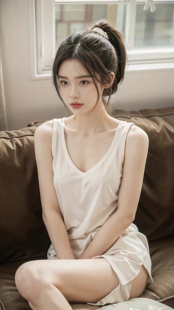 (((best quality))),(((very detailed))),(((masterpiece))),illustration,((1 beautiful girl, College student,alone)),((slim,thin,,flat chest)),(short ponytail:1.2),(sleeveless shirt:1.2), studying, books, dormitory, Summer Afternoon, sky, gloomy shadow, bed, Wooden desk, bookshelf, Soft and warm light, lamp, soft light, Almond-shaped eyes, textbooks, fancy, Beach, city, vacation, laugh, pen, emphasis, notebook, date, leg stretching, A cushion, portable fan, soothing breeze, summer heat, herbal tea, thirst, potted plants, greenery, vibrant leaves, cozy atmosphere, a firm expression, excel test, Summer Vacation, Intellect, crystal, achieve the goal,((sit on the sofa,arms back,spread legs,in front,whole body))