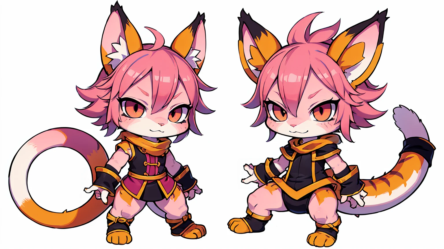 a cat warrior character, cat ears, furry, (full body:1.2) , chibi, advanced digital chibi art, g liulian art style, maplestory mouse, bian lian, chibi art, league of legends art style, character art of maple story, ((view at the viewer)), (((Natsu "Salamander" Dragneel costume, pink hair))), ((white background)), simple background