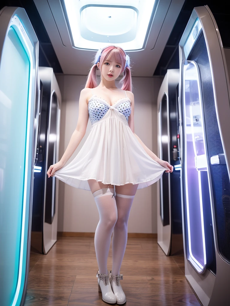 Cute redhead, gravure Idol, with rainbow colored hair tips, ribbons in her hair, 18-year-old woman, happy, in twin tails, perfect symmetrical eyes, clear sparkling blue eyes, pale skin, silky smooth skin, standing on a fancy luxurious space ship, large futuristic corridor, control panels, wood trim, decorative plants, warm lighting, wearing a futuristic  dress, pleated (chemise) mini dress (pastel rainbow colors, and polka dots), wearing full body pantyhose, cute short cut booties.