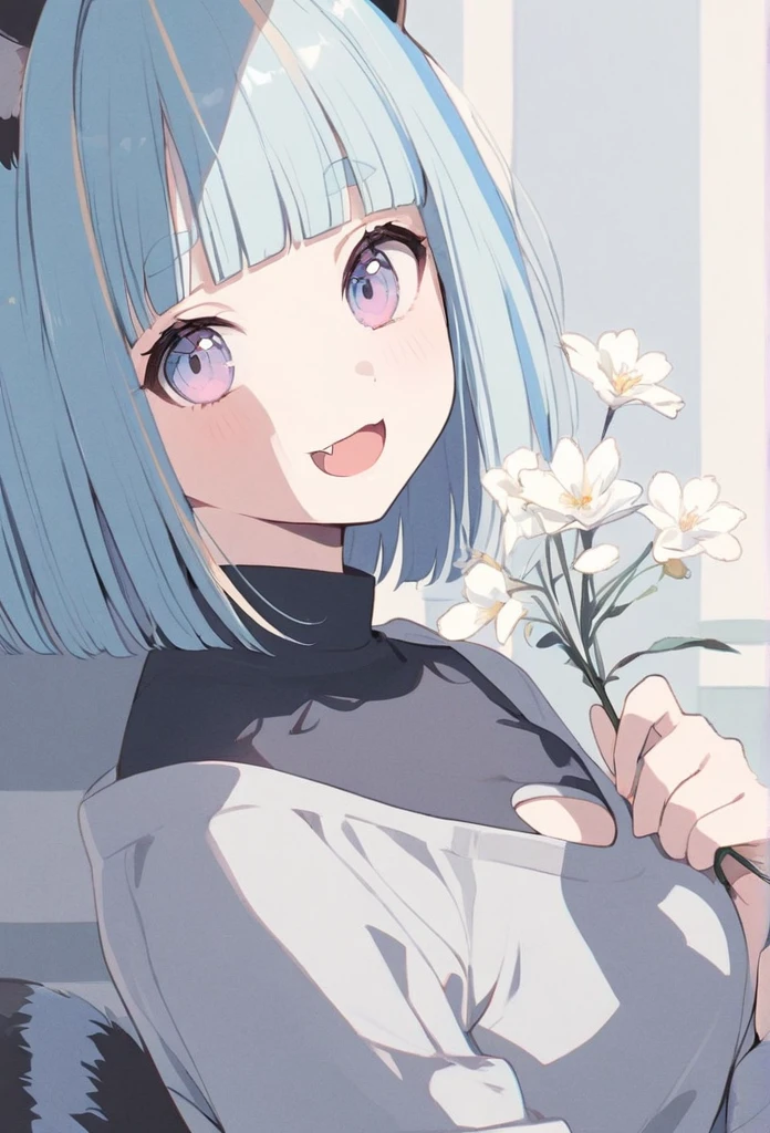 anime,(pale colors:1.8),long shot, 1girl, (on right:1.3), solo, cat mouth, dynamic angle, holding flower, smile, fang,  blue hair, bobcut, straight hair, racoon ears, racoon tail, (brown streaked hair:1.3), (blunt bangs) ,thick eyebrows, big breast, off shoulder clothes, cutout,  striped background, shadow, 