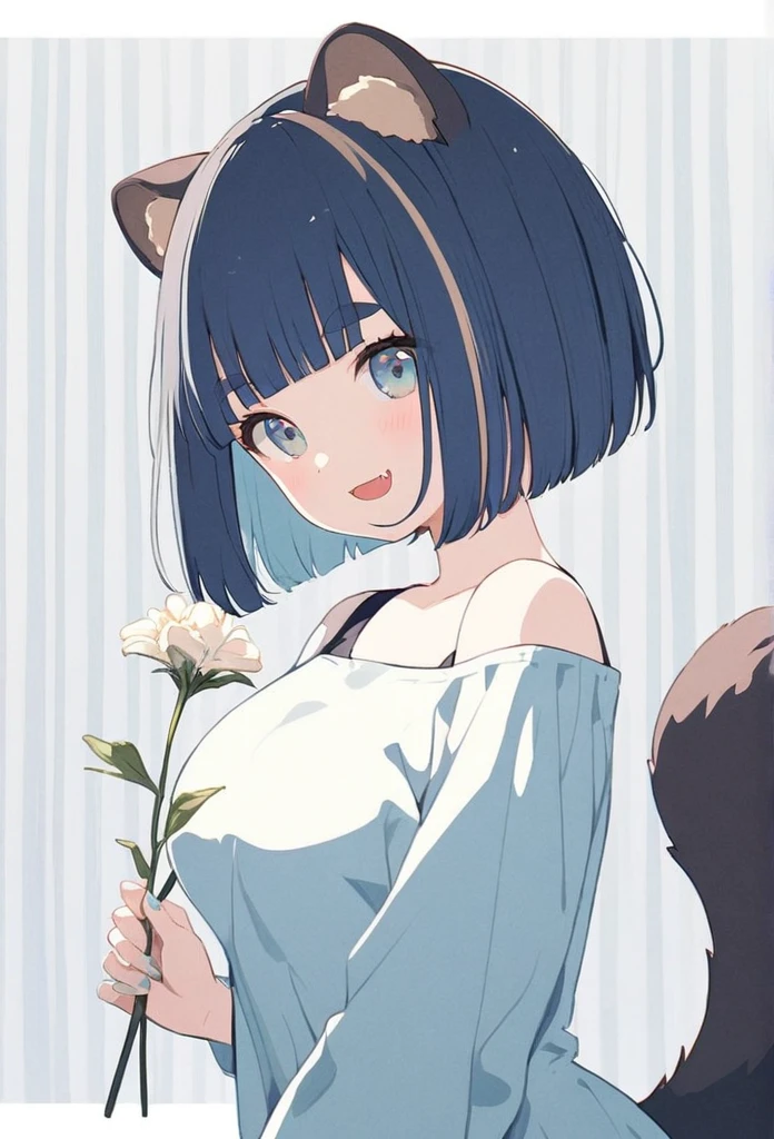 anime,(pale colors:1.8),long shot, 1girl, (on right:1.3), solo, cat mouth, dynamic angle, holding flower, smile, fang, blue hair, bobcut, straight hair, racoon ears, racoon tail, (brown streaked hair:1.3), (blunt bangs) ,thick eyebrows, big breast, off shoulder clothes, cutout, striped background, shadow,