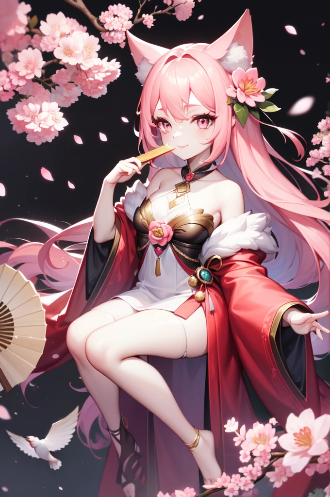 1 girl, wide, one, pink hair, bird, hair ornament, water, I look at the viewer, flower, Cherry blossoms, pink eyes, mama, black background, Petals, session, bare shoulders, by white, hair flower, animal ears, dress, rama, hand fan, hair between the eyes, very wide, SMILE
