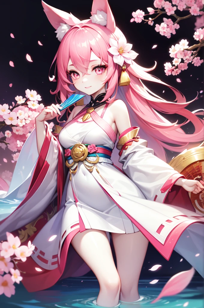 1 girl, wide, one, pink hair, bird, hair ornament, water, I look at the viewer, flower, Cherry blossoms, pink eyes, mama, black background, Petals, session, bare shoulders, by white, hair flower, animal ears, dress, rama, hand fan, hair between the eyes, very wide, SMILE
