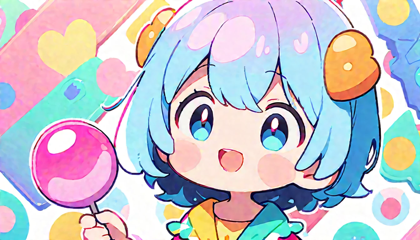 Spirited Art,pop、bright、pastel, 1 female, ライトblueの髪, short hair、Happy,cute, Animation Style, cute, clearly, bubblegum pop, cute、ピンクとライトblueをメインカラーに、I'Cheer loudly、 Wearing headphones、tropical, summer、 Blue as the base color、blue、Cool atmosphere、Refreshing、summerっぽい