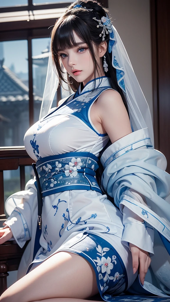 Big-breasted beauty in Hanfu,Has huge sagging breasts,Very sexy,see-through transparent clothes