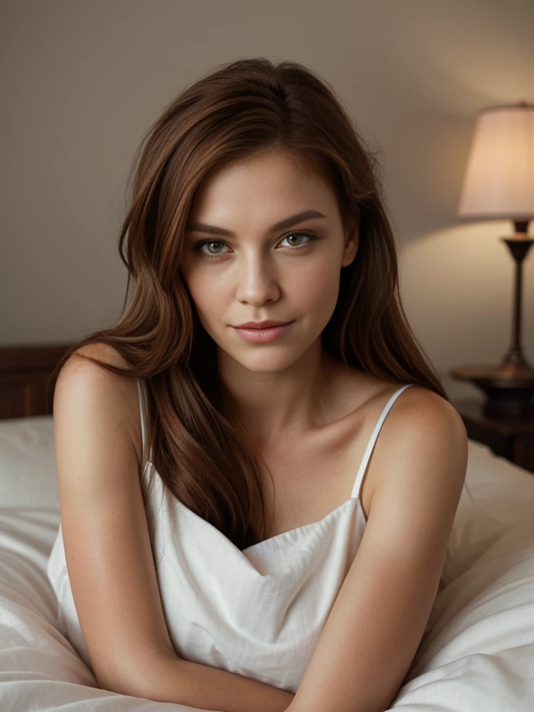 Create a highly realistic image of a stunning redhead woman lying on a comfortable-looking bed, with her face up towards the camera. The woman should be in a relaxed pose, with her head slightly tilted and her eyes gazing upwards. Her long, fiery red hair should be spread out around her, with a few loose strands framing her face. The bed should be a soft, creamy color with a subtle texture, and should be adorned with a few pillows and a blanket or sheet. The room should be dimly lit, with a warm, soft glow emanating from a nearby lamp or window. The woman's skin should be smooth and radiant, with a subtle sheen to it. Her eyes should be a deep, rich brown, with a hint of warmth and kindness. Her lips should be full and inviting, with a subtle curve upwards. The overall mood of the image should be peaceful and serene, evoking a sense of tranquility and relaxation. The lighting should be soft and gentle, with no harsh shadows or bright highlights. The image should be rendered in high detail, with intricate textures and subtle shading. The woman's hair should be rendered in exquisite detail, with each strand and curl perfectly rendered. The bed and surrounding environment should also be rendered in high detail, with subtle textures and shading. The final image should be a stunning, photo-realistic representation of the scene, with a level of detail and realism that makes the viewer feel like they're looking at a real photograph.