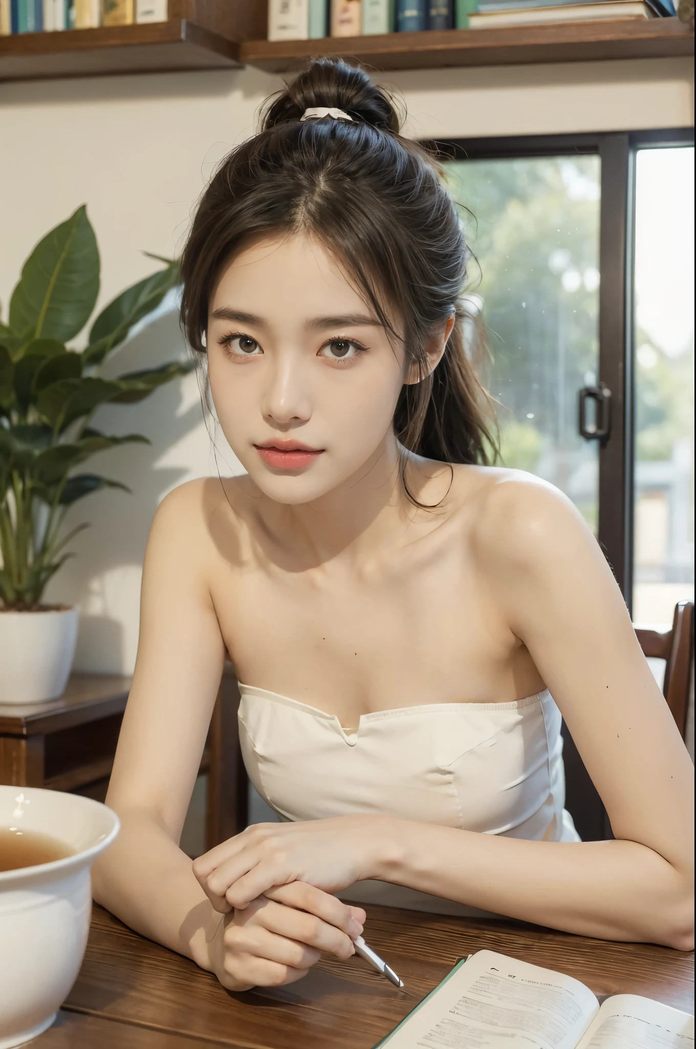 (Small lower chest,Tomboyish,small heads)),  (perfect bodies: 1.1), (short-length straight short hair:1.2),attractive collarbone，（极其细致的CG 8k壁纸），（Extremely refined and beautiful），（masterpiece），（best qualtiy:1.9），（超高分辨率:1.9），upper body，[A high resolution]，cheerfulness，Smile，Smooth and flawless fair skin,ultra - detailed,Elongated legs，（Small breasts:1.1),Flat chest,Slim,emaciated,No bra,After bath,(white dress:1.5),At home, in dinning room,Close shot,nightfall,Warm Candlelight,a dinning table,(Several dishes on the table:1.3),(Lying prone on the dining table:1.4),from above,cowboy shot