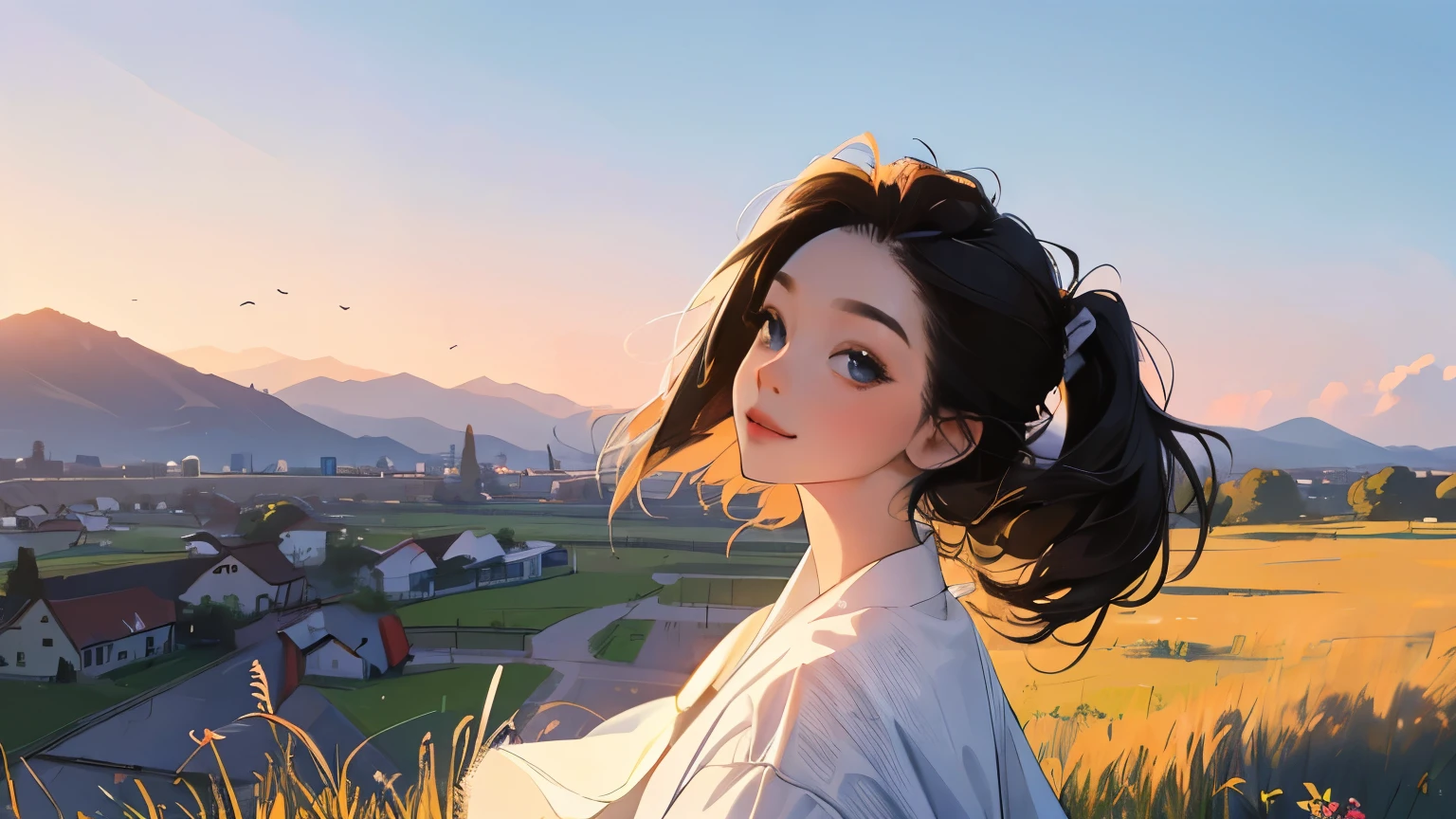 ((masterpiece)),(((bestquality))),((ultra-detailed)) realisticlying, 1 girl, Beautiful, black hair, happy, solo, The sky morning, looking to viewer, home.