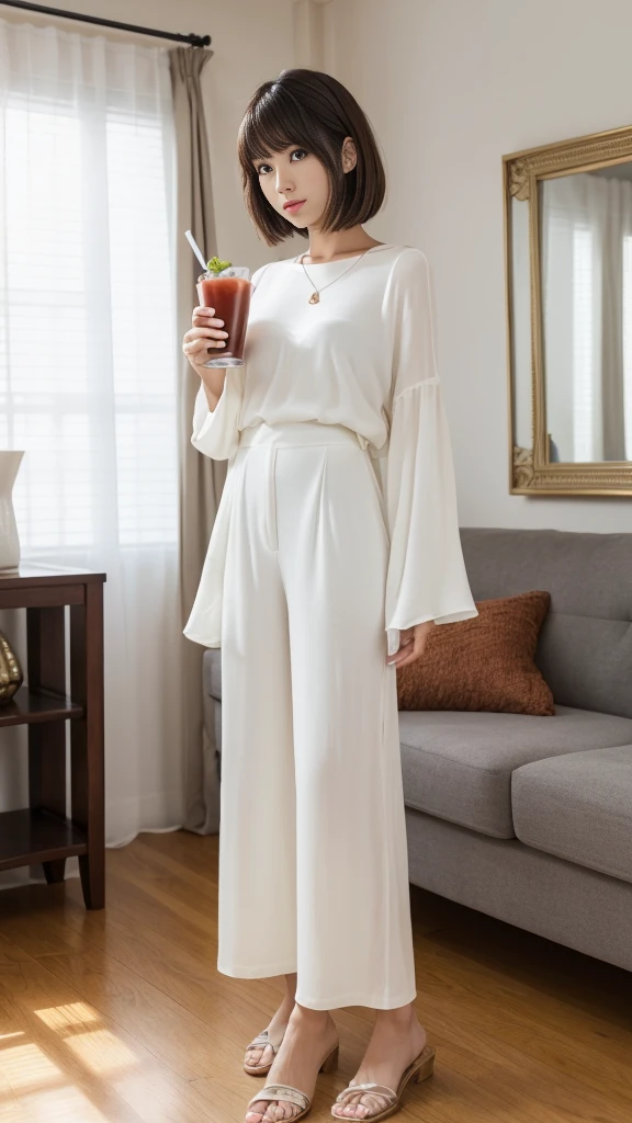 ((masterpiece,Highest quality)), (Like the picture:1.4),((Tabletop,8K)),High resolution,Studio Soft Light, Rim Light, Vivid details, Realistic skin texture,Japanese, One beautiful woman, short hair, Wavy Hair, Faint, thin bangs, compensate, 38 years old, Detailed skin, Long sleeve tunic blouse, Wide leg pants, Are standing, White Background, White Room,White wall, Full body photo, View your viewers、Sitting on the sofa、holding a drink in hand、Alcohol on the table