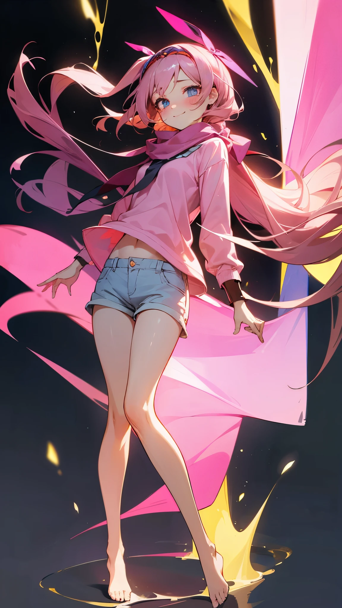 Expressive eyes,1 girl,Long hair, (masterpiece), best quality, Expressive eyes, Smile,whole body , blush, firefly, (Bare legs),Pink shirt,shorts,scarf, Hair accessories