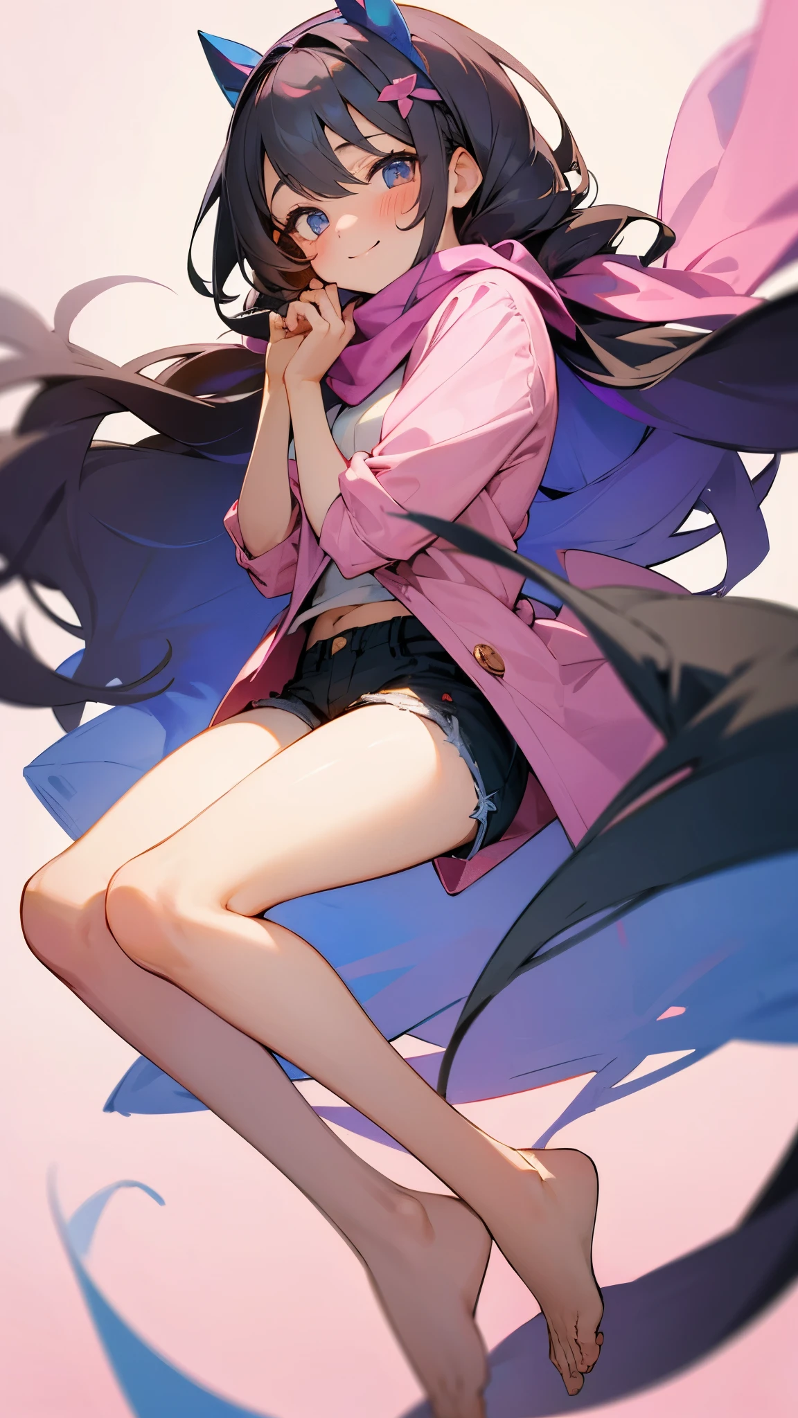 Expressive eyes,1 girl,Long hair, (masterpiece), best quality, Expressive eyes, Smile,whole body , blush, firefly, (Bare legs),Pink shirt,shorts,scarf, Hair accessories