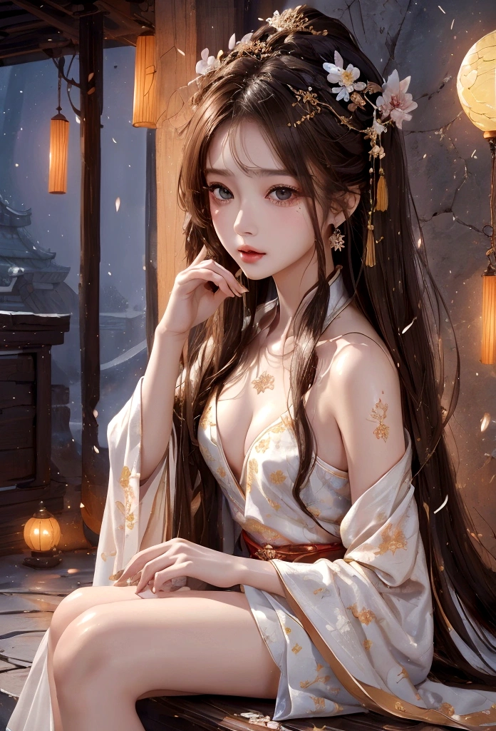 Best image quality、、masterpiece：1.3))、Realistic high-quality photos、Highest quality、 Beautiful face、Photos of slim models、Beautiful girl model、Young and pretty face、Beautiful model girl、A lovely and delicate face、Brown Hair、Beautiful brown eyes、Tear bags、Young Body、(Finely scattered splashes of color), (figure),(((1 Girl))),(Long Hair),(rain:0.9), (Headdress: 1.4), There is an ancient palace next to the girl., Hanfu, (emphasize),  ink painting, (Spattered colors), Spattered colors, (((colorful))), (sketch: 0.8), Tabletop, Highest quality, Beautifully drawn, verydetailedな,(Noise Reduction:0.6),[Splash Ink],((Ink Refraction)), (美しくdetailedな空),moon,very,detailed,(Tabletop, Highest quality, verydetailedな)、Small breasts、Exposed thighs