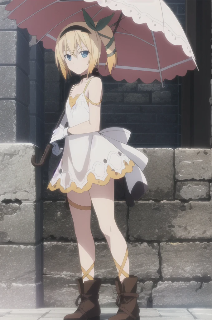 ((masterpiece)),((Highest quality)),Super detailed,Awareness-raising,Explicit,beautiful body,beautiful Nose,beautiful character design,Perfect Eyes,Perfect Face,wallpaper,Ultra-high resolution,4K,photograph,(beautiful,Small breasts:1.2),(beautiful顔:1.2),Beautiful feet,Perfect Legs,Shiny skin,Official Style,Browsing Caution,Official Art,Make a screen cap,Anime Coloring,
One girl,alone,umbrella,Blonde,short hair,choker,Side Ponytail,ribbon,blue eyes,black choker,gloves,leg ribbon,片手gloves,hair band,whole body,hair ribbon,dress,View your viewers,tress ribbon,boots,Are standing,white dress,skirt,clavicle,Beach,Outdoor,Day,sharp line
