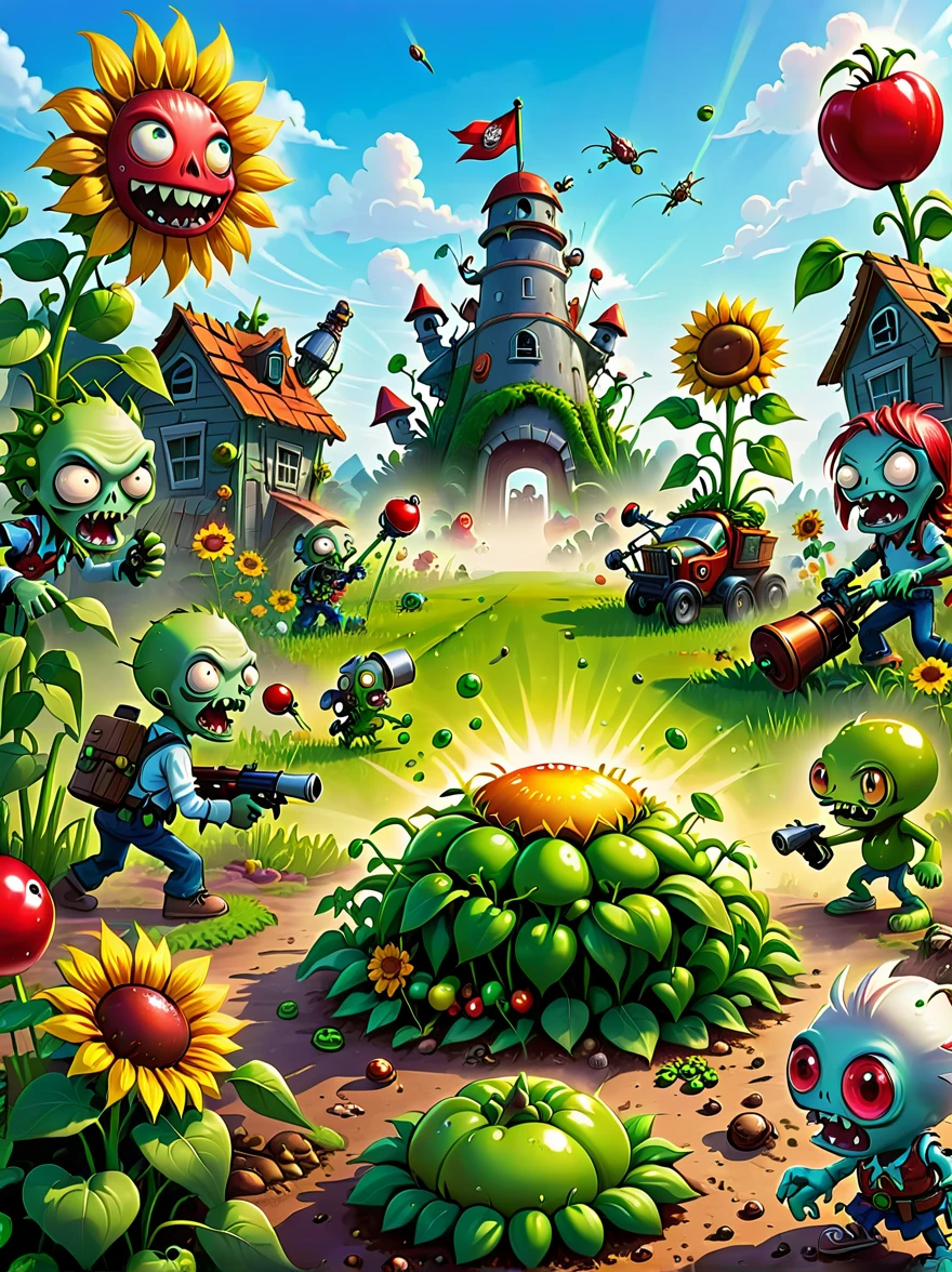 A screen shot showing a gaming video on the popular video-sharing platform,The game being played is a vivid fictional action-adventure game Plants vs. Zombies,背景是一个充满Various strange plants and zombies的详细幻想世界,Various strange plants and zombies,Pea shooter,Potato mines,sunflower,Cherry Bomb,Chomper,Gatling Peas,Flag zombies,Plants vs. Zombies game screen image,Strategy tower defense game,Colorful plants and zombies,Vivid colors,Bright and cheerful mood,Cartoon Style,Detailed background,Weird and quirky characters,Immersive game scene,Wide landscape perspective,Playful and whimsical design