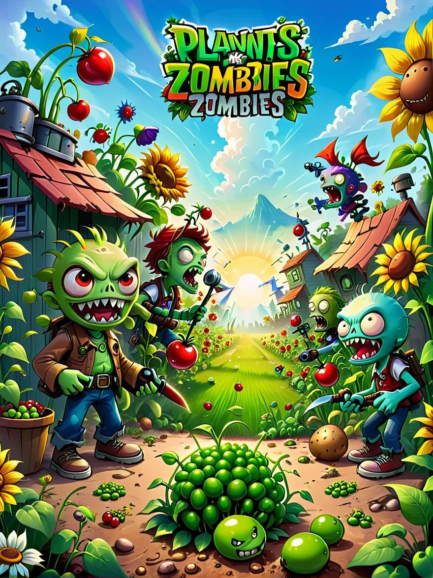 A screen shot showing a gaming video on the popular video-sharing platform,The game being played is a vivid fictional action-adventure game Plants vs. Zombies,The setting is a detailed fantasy world filled with all kinds of weird plants and zombies,Pea shooter,Potato mines,sunflower,(Cherry Bomb),Chomper,(Gatling Pea),Flag zombies,Exaggerated art illustration