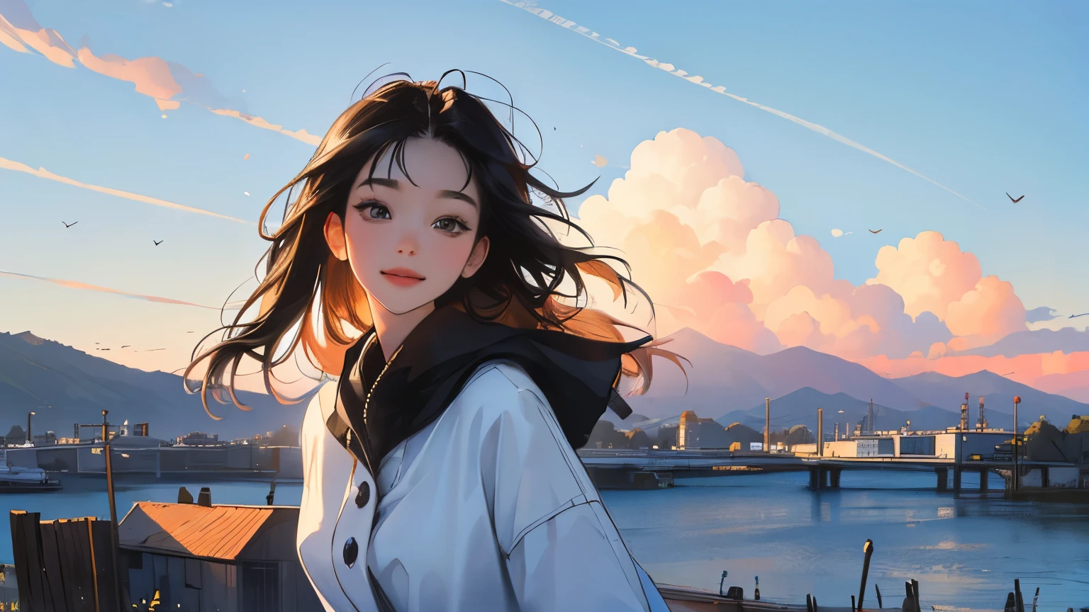 ((masterpiece)),(((bestquality))),((ultra-detailed)) realisticlying, 1 girl, Beautiful, black hair, happy, solo, The sky morning, looking to viewer, home.