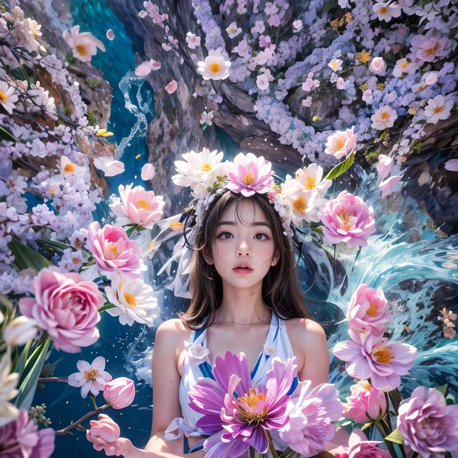 ExtremelyDetailed(ProfessionalPhoto of Girl Floating in the Sky:1.37), 280th floor infinity pool,The tallest building in the urban forest, {Around bonsai|Luo Han Song|coconut palms|tulips|Rose flower}, (Masterpiece 8K TopQuality:1.2), (ExtremelyDetailed KAWAII face Eyes:1.28){ElaboratePupils with (SparklingHighlights:1.28)|DoubleEyelids with (Voluminous LongEyelashes:0.88)|RosyCheeks} BREAK Detailed impeccable Radiant PearlSkin with Transparency, Skinny(SchoolSwimwear:1.28) beautiful graceful {(HiddenHand)|((Corrected BabyLikeHand))} (Whole Body Proportions and all limbs are Anatomically Accurate), (Full of Flowers FlowerWreath WrappedBody Flowers Covering girl's body)ColorfulSky(extra limbs:-1.4)