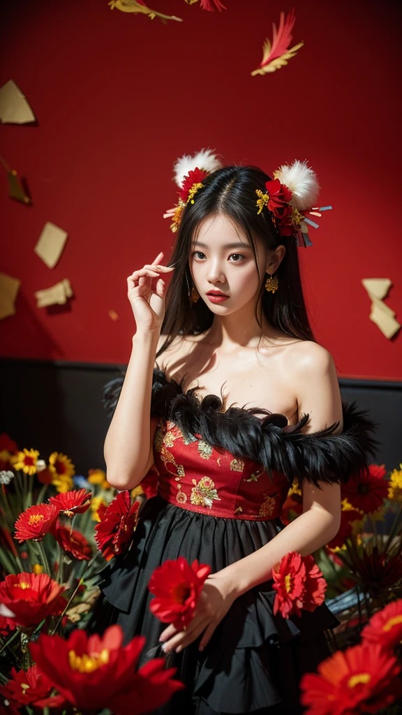 (8K、Top quality、masterpiece:1.2)、(8K、Top quality、masterpiece:1.2)、Dark theme、(Top quality、masterpiece:1.2)、20-year-old girl wearing a torn feather dress、(Chaos of red flowers in the background:1.3)、Beauty、Korean Temple、Beautiful woman、Gorgeous、Charm