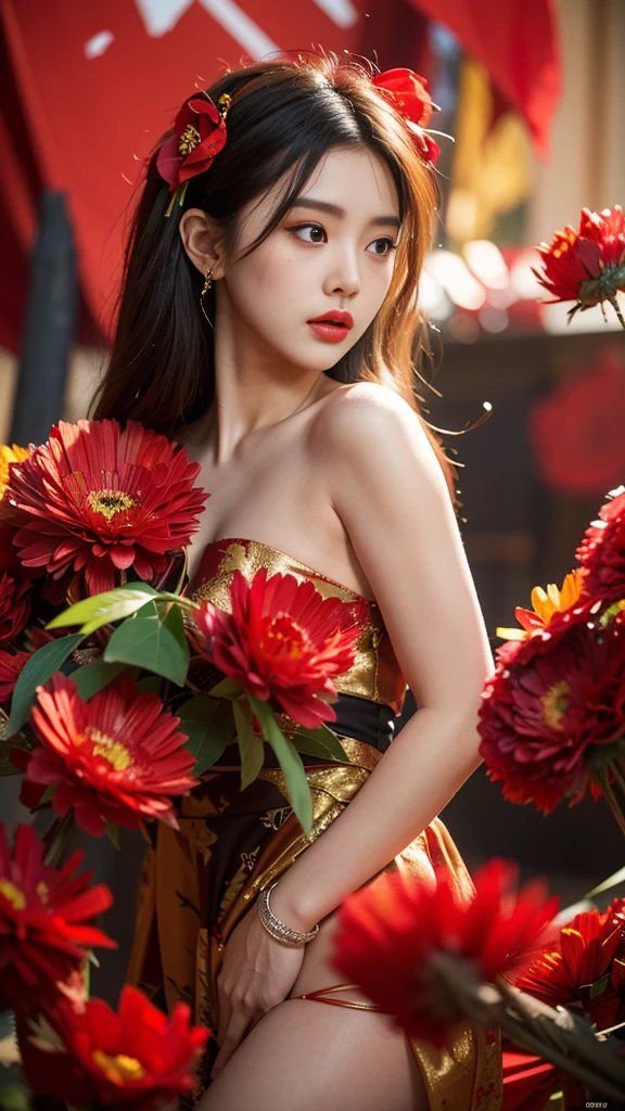 (8K、Top quality、masterpiece:1.2)、(8K、Top quality、masterpiece:1.2)、Dark theme、(Top quality、masterpiece:1.2)、20-year-old girl wearing a torn feather dress、(Chaos of red flowers in the background:1.3)、Beauty、Korean Temple、Beautiful woman、Gorgeous、Charm