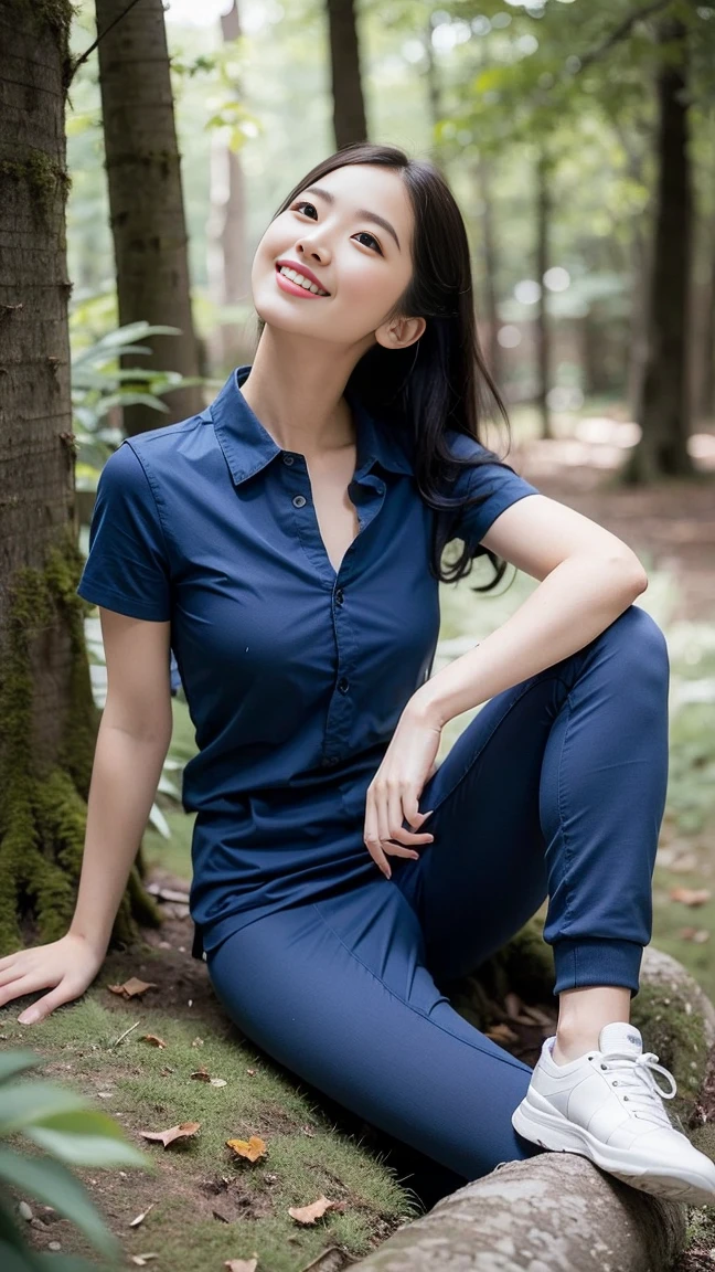 masterpiece, best quality, Surreal, Ultra Detailed, 8k resolution, RAW photos, Clear focus, (A girl in the forest), ((navy blue shirt:1.1)), Short sleeve, Long sweatpants,Full body posture, Solitary, Perfect body, Become a, 36 inches in the chest,(a charming smile:1), (sexy pose),26 years old, light,White shoes,