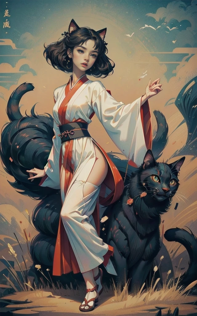((Masterpiece)),(Best Quality), (Cinematic),(Extremely detailed CG Unity 8k wallpaper),1girl, fit,Delicious company,revealing clothes, intricate outfit,fit, small breasts,very long black hair,big cat eyes,one Stunning hanfu shapeshifter cat girl(bakenekon, nekomata)with a beautifully designed fine and perfectly fitting hanfu clothing with georgeous patterns and also transparent flowing fabric.  she is dancing in front of plain graphic japanese background. her hands are very graceful presenting a fan. cat ear, vampy fang,cateyes, white devon rex cat, eine Ganzkörperaufnahme, die Tradition und Moderne verbindet 