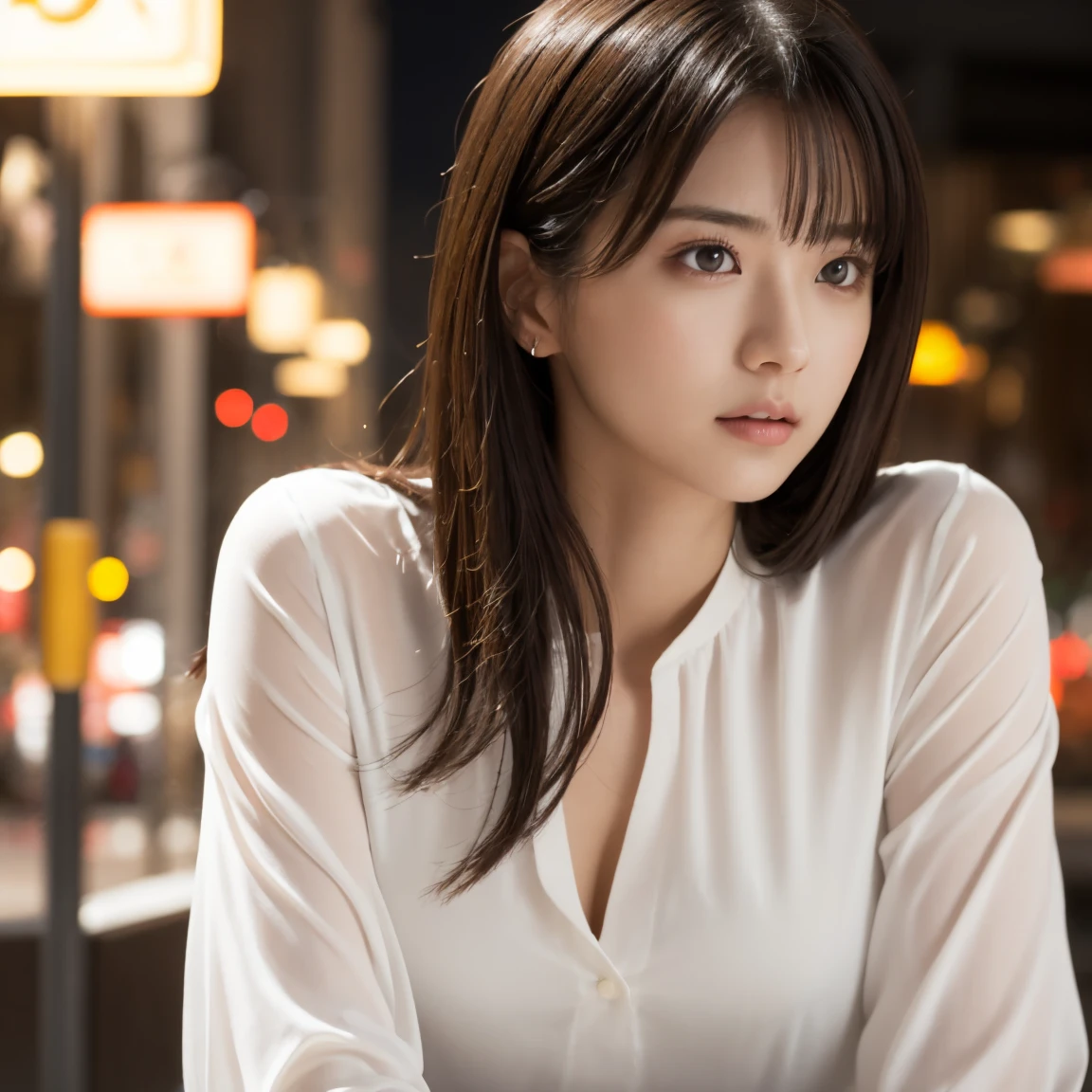 1 Girl, (Wearing a white blouse:1.2), (RAW Photos, Highest quality), (Realistic, Photorealistic:1.4), Tabletop, Very delicate and beautiful, Very detailed, 2k wallpaper, wonderful, finely, Very detailed CG Unity 8K 壁紙, Very detailedな, High resolution, Soft Light, Beautiful detailed girl, Very detailed目と顔, Beautiful and detailed nose, finelyて美しい目, Cinema Lighting, City lights at night, Perfect Anatomy, Slender body, Sensual look、Big Breasts