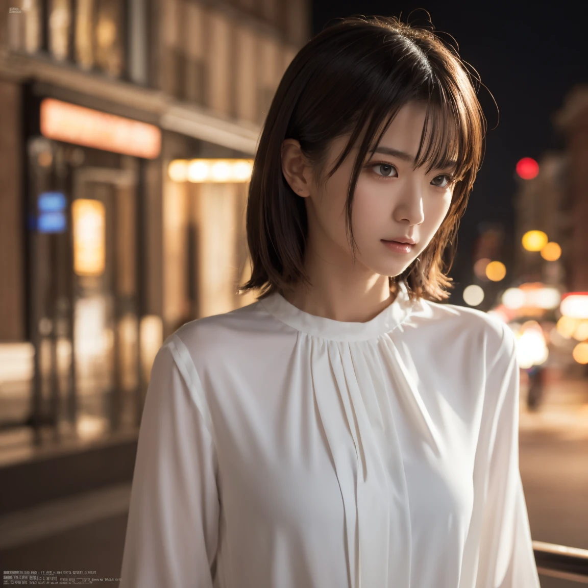 1 Girl, (Wearing a white blouse:1.2), (RAW Photos, Highest quality), (Realistic, Photorealistic:1.4), Tabletop, Very delicate and beautiful, Very detailed, 2k wallpaper, wonderful, finely, Very detailed CG Unity 8K 壁紙, Very detailedな, High resolution, Soft Light, Beautiful detailed girl, Very detailed目と顔, Beautiful and detailed nose, finelyて美しい目, Cinema Lighting, City lights at night, Perfect Anatomy, Slender body, Sensual look、Big Breasts