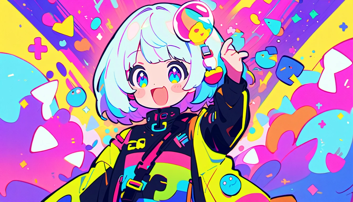 Spirited Art,pop、bright、pastel, 1 female, ライトblueの髪,　short hair、Happy,cute, Animation Style, cute, clearly, Colorful cyberpunk、bubblegum pop, cute、ピンクとライトblueをメインカラーに、I&#39;Cheer loudly、　Wearing headphones、tropical,　summer、　Blue as the base color、blue、Cool atmosphere、Refreshing、summerっぽい